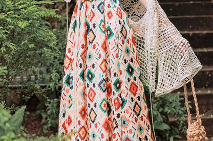 Flared-Sleeve Crochet Knit Cardigan / Spaghetti Strap Patterned Open Back Maxi Sundress / Beaded Belt / Set