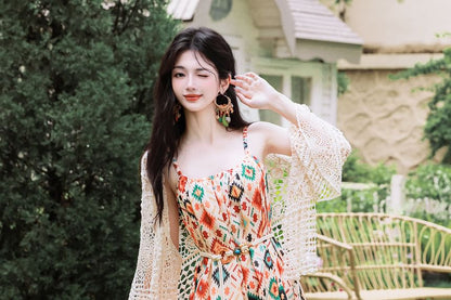 Flared-Sleeve Crochet Knit Cardigan / Spaghetti Strap Patterned Open Back Maxi Sundress / Beaded Belt / Set