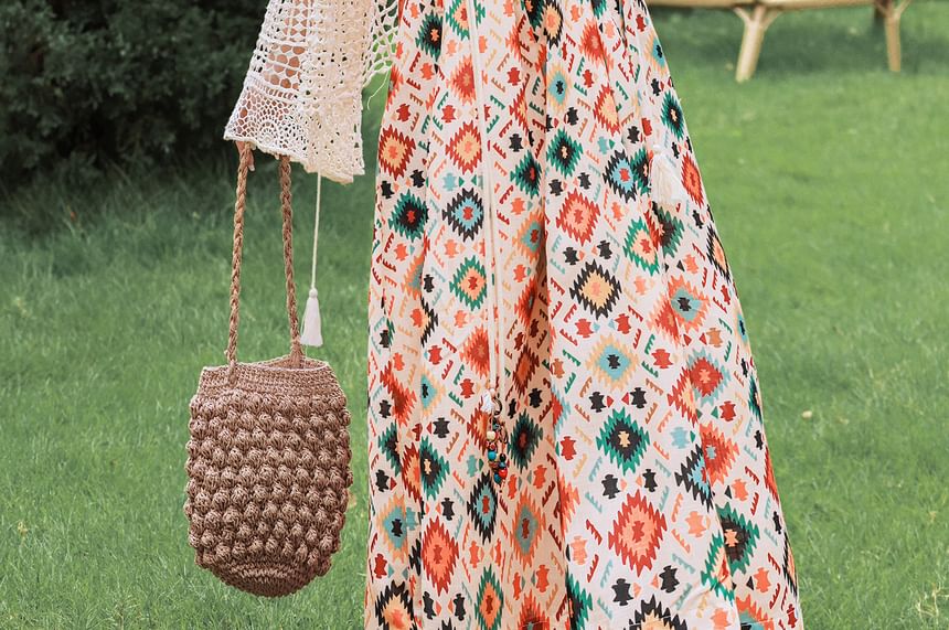 Flared-Sleeve Crochet Knit Cardigan / Spaghetti Strap Patterned Open Back Maxi Sundress / Beaded Belt / Set