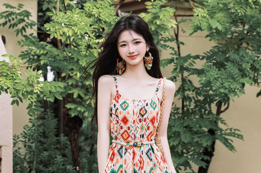 Flared-Sleeve Crochet Knit Cardigan / Spaghetti Strap Patterned Open Back Maxi Sundress / Beaded Belt / Set