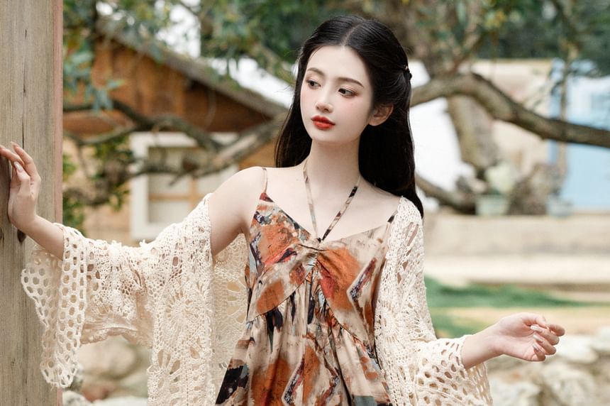 Spaghetti Strap Patterned Maxi Sundress / Crochet Knit Cardigan / Set