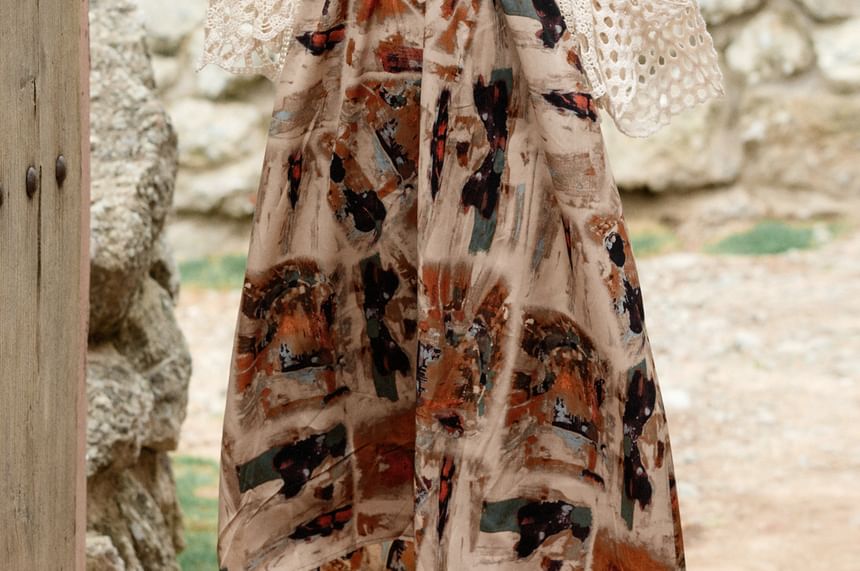 Spaghetti Strap Patterned Maxi Sundress / Crochet Knit Cardigan / Set