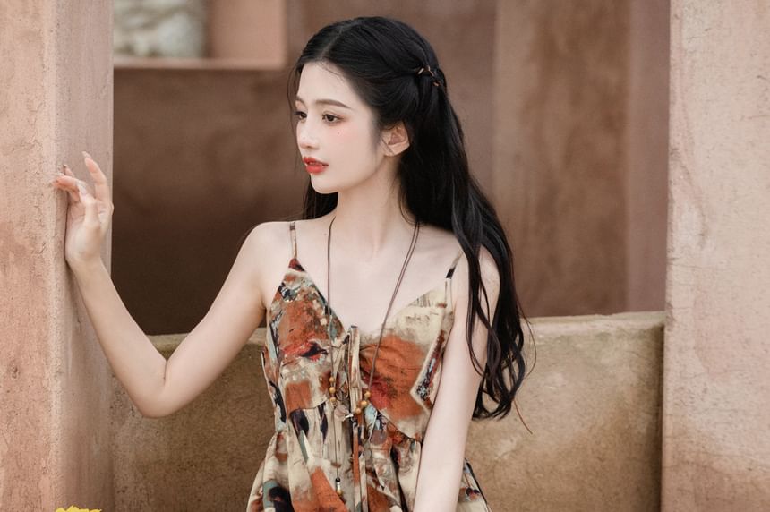 Spaghetti Strap Patterned Maxi Sundress / Crochet Knit Cardigan / Set