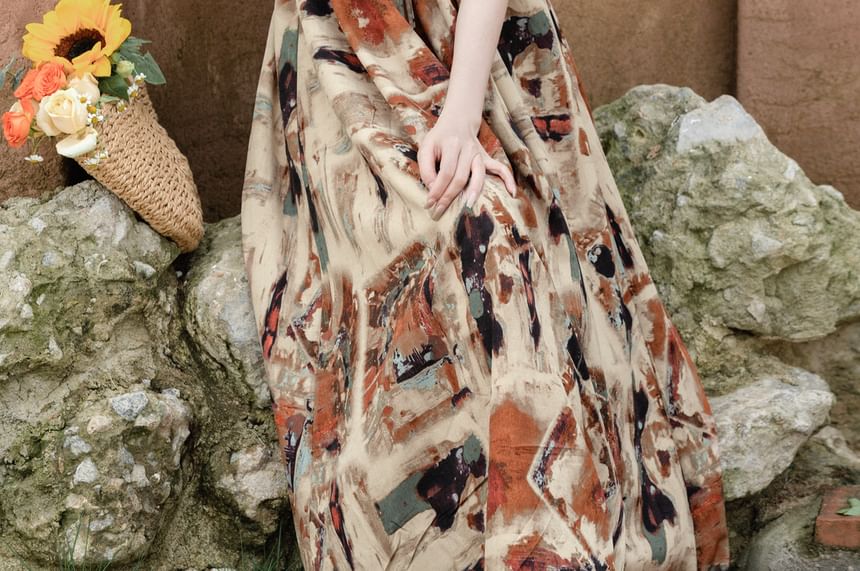 Spaghetti Strap Patterned Maxi Sundress / Crochet Knit Cardigan / Set