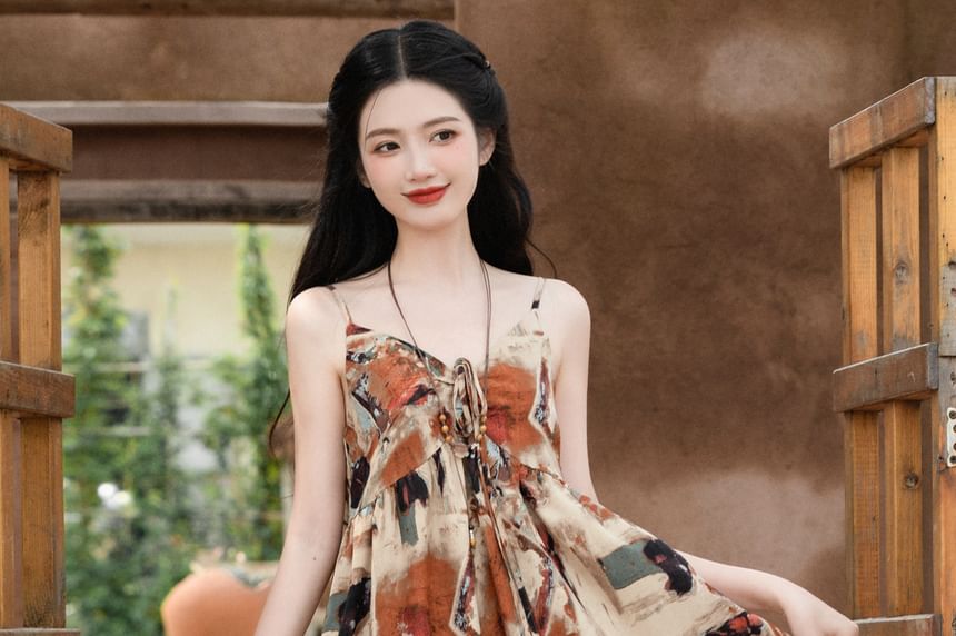 Spaghetti Strap Patterned Maxi Sundress / Crochet Knit Cardigan / Set