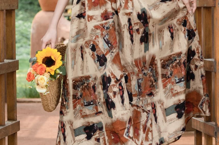 Spaghetti Strap Patterned Maxi Sundress / Crochet Knit Cardigan / Set