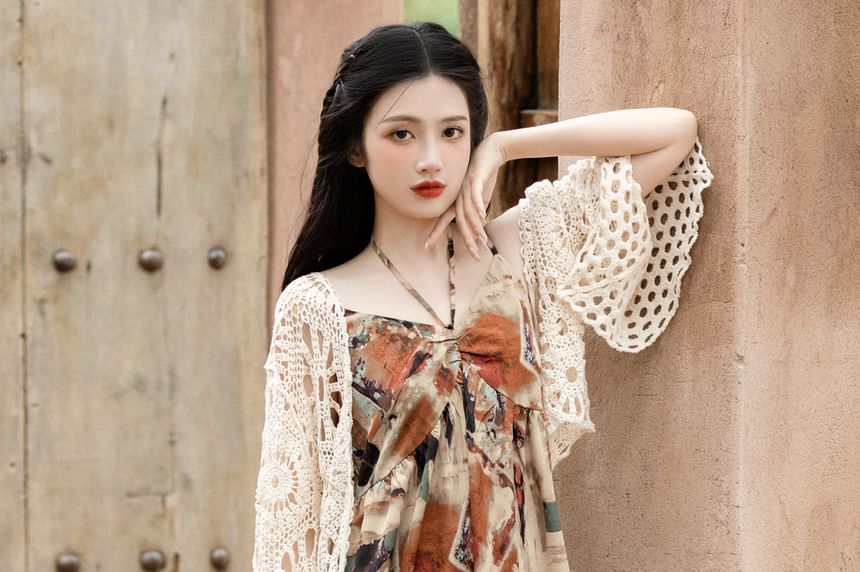 Spaghetti Strap Patterned Maxi Sundress / Crochet Knit Cardigan / Set