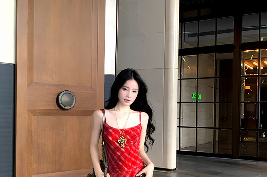 Spaghetti Strap Scoop Neck Plaid Maxi Sundress / Belt / Set