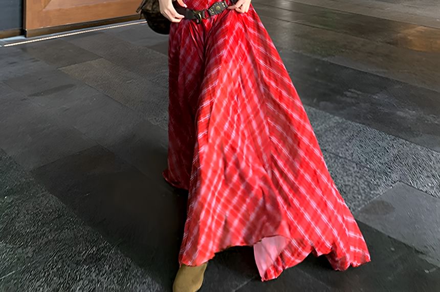 Spaghetti Strap Scoop Neck Plaid Maxi Sundress / Belt / Set