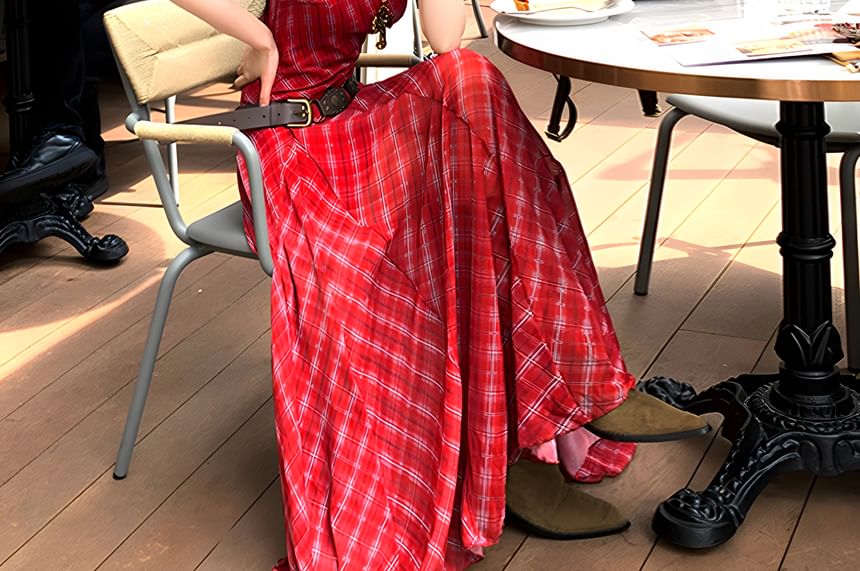 Spaghetti Strap Scoop Neck Plaid Maxi Sundress / Belt / Set