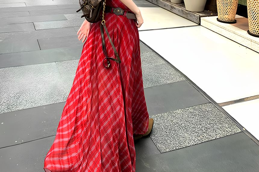 Spaghetti Strap Scoop Neck Plaid Maxi Sundress / Belt / Set