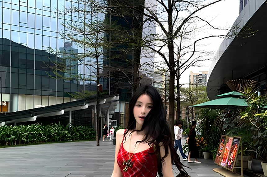 Spaghetti Strap Scoop Neck Plaid Maxi Sundress / Belt / Set