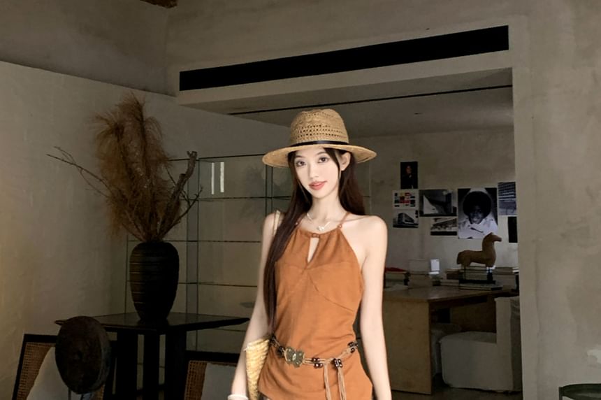 Plain Cutout Asymmetrical Cami Top / High Waist Plaid Lace Panel Maxi A-Line Skirt / Beaded Belt / Set