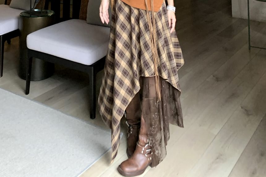 Plain Cutout Asymmetrical Cami Top / High Waist Plaid Lace Panel Maxi A-Line Skirt / Beaded Belt / Set