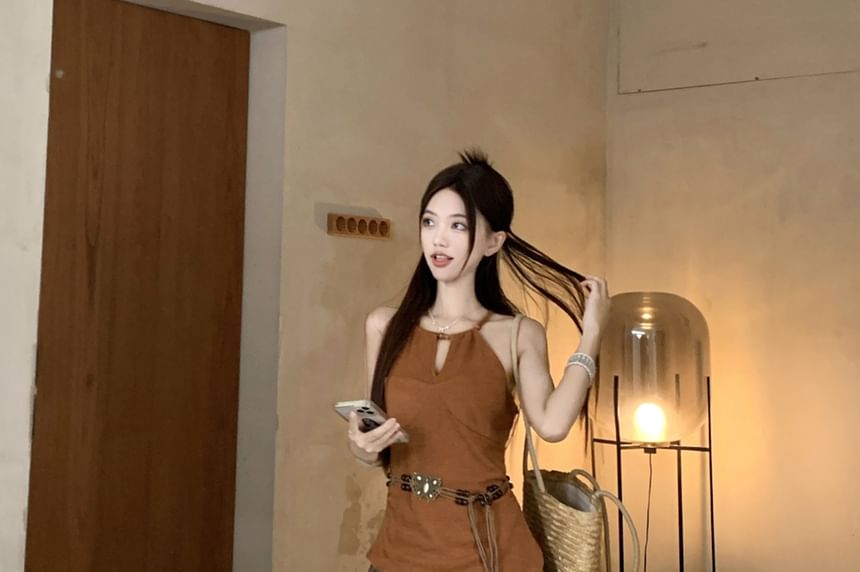 Plain Cutout Asymmetrical Cami Top / High Waist Plaid Lace Panel Maxi A-Line Skirt / Beaded Belt / Set