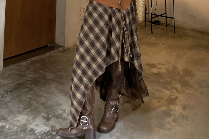 Plain Cutout Asymmetrical Cami Top / High Waist Plaid Lace Panel Maxi A-Line Skirt / Beaded Belt / Set