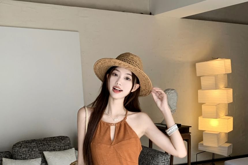 Plain Cutout Asymmetrical Cami Top / High Waist Plaid Lace Panel Maxi A-Line Skirt / Beaded Belt / Set