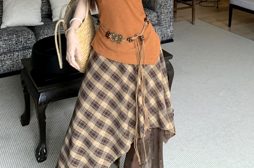 Plain Cutout Asymmetrical Cami Top / High Waist Plaid Lace Panel Maxi A-Line Skirt / Beaded Belt / Set