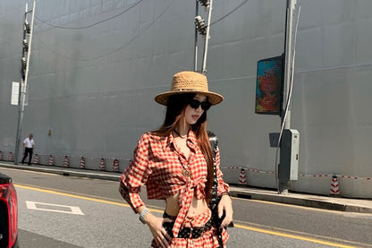 Long-Sleeve Plaid Lace-Up Crop Shirt / Low Waist Ruffle Side-Slit Maxi A-Line Skirt / Set