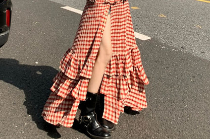 Long-Sleeve Plaid Lace-Up Crop Shirt / Low Waist Ruffle Side-Slit Maxi A-Line Skirt / Set