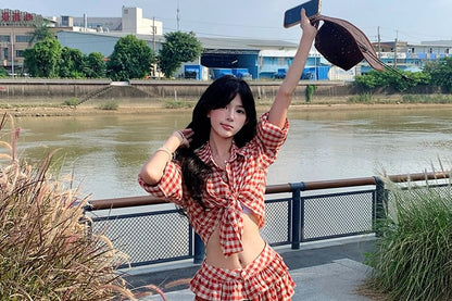 Long-Sleeve Plaid Lace-Up Crop Shirt / Low Waist Ruffle Side-Slit Maxi A-Line Skirt / Set