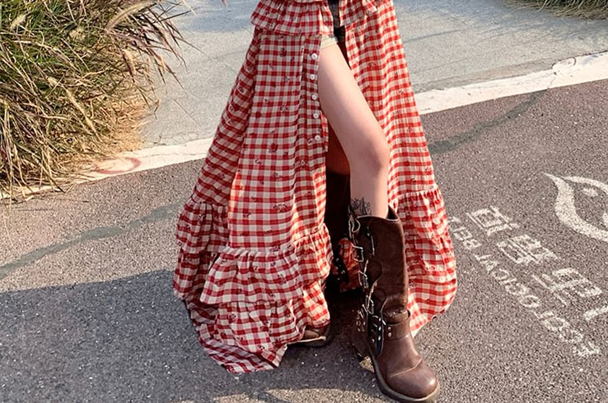 Long-Sleeve Plaid Lace-Up Crop Shirt / Low Waist Ruffle Side-Slit Maxi A-Line Skirt / Set