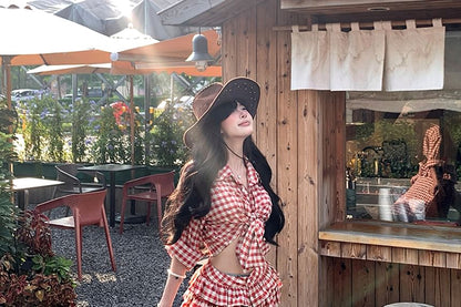 Long-Sleeve Plaid Lace-Up Crop Shirt / Low Waist Ruffle Side-Slit Maxi A-Line Skirt / Set