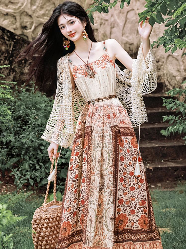Spaghetti Strap Scoop Neck Floral Maxi A-Line Dress / Pointelle Cardigan / Belt / Set