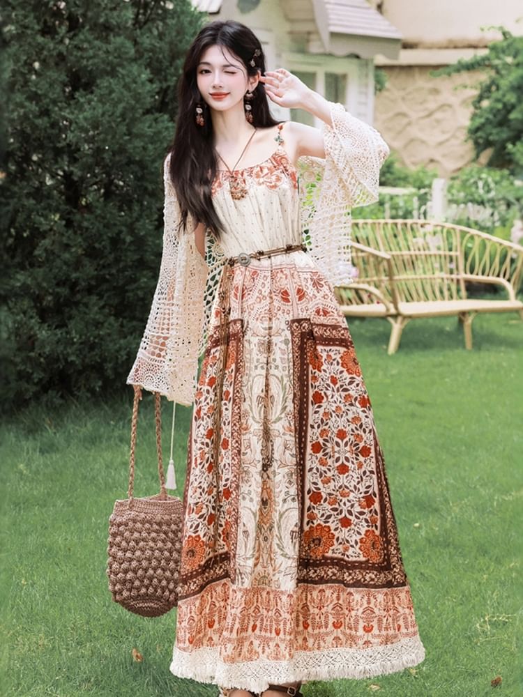 Spaghetti Strap Scoop Neck Floral Maxi A-Line Dress / Pointelle Cardigan / Belt / Set