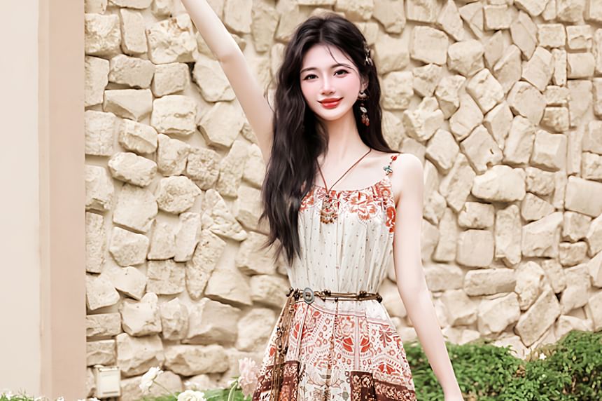 Spaghetti Strap Scoop Neck Floral Maxi A-Line Dress / Pointelle Cardigan / Belt / Set