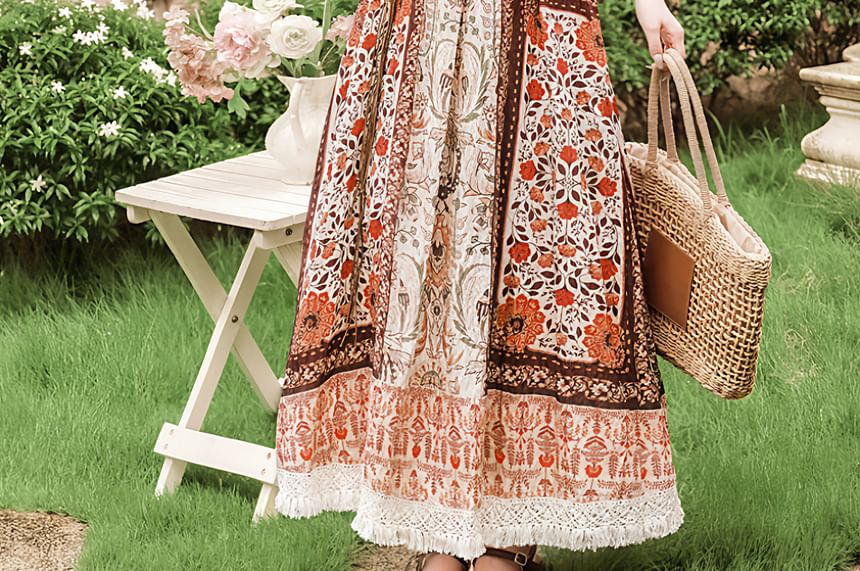 Spaghetti Strap Scoop Neck Floral Maxi A-Line Dress / Pointelle Cardigan / Belt / Set