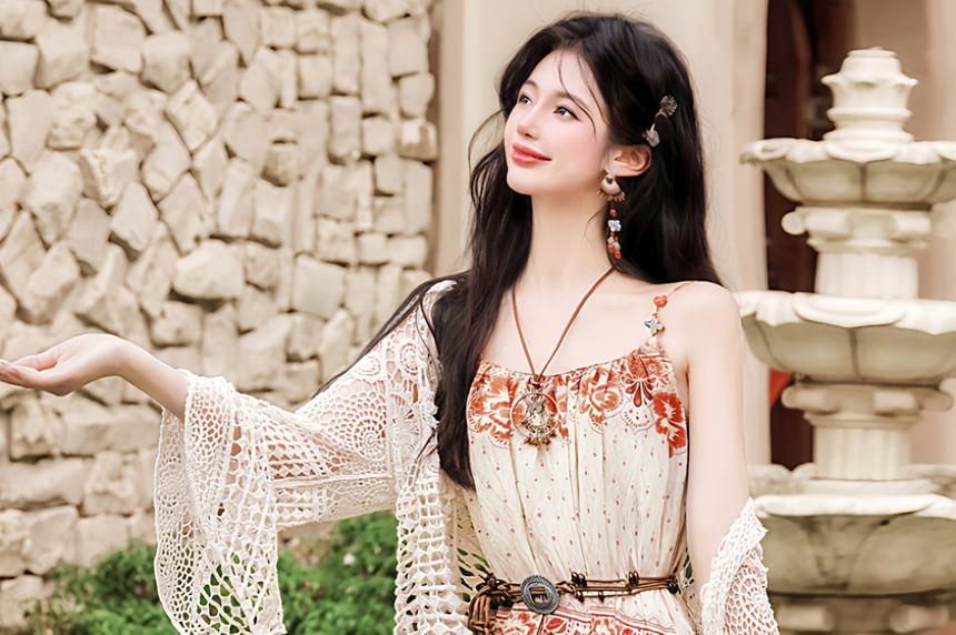 Spaghetti Strap Scoop Neck Floral Maxi A-Line Dress / Pointelle Cardigan / Belt / Set