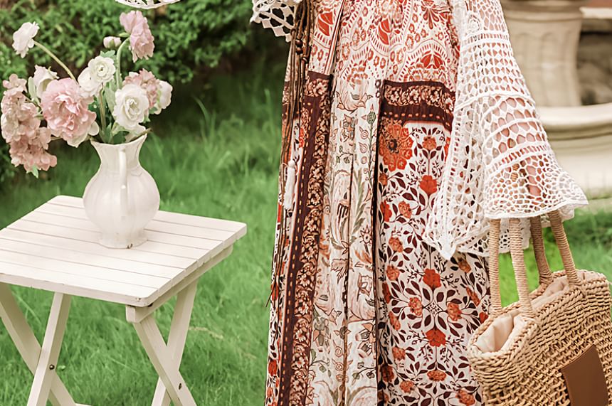 Spaghetti Strap Scoop Neck Floral Maxi A-Line Dress / Pointelle Cardigan / Belt / Set