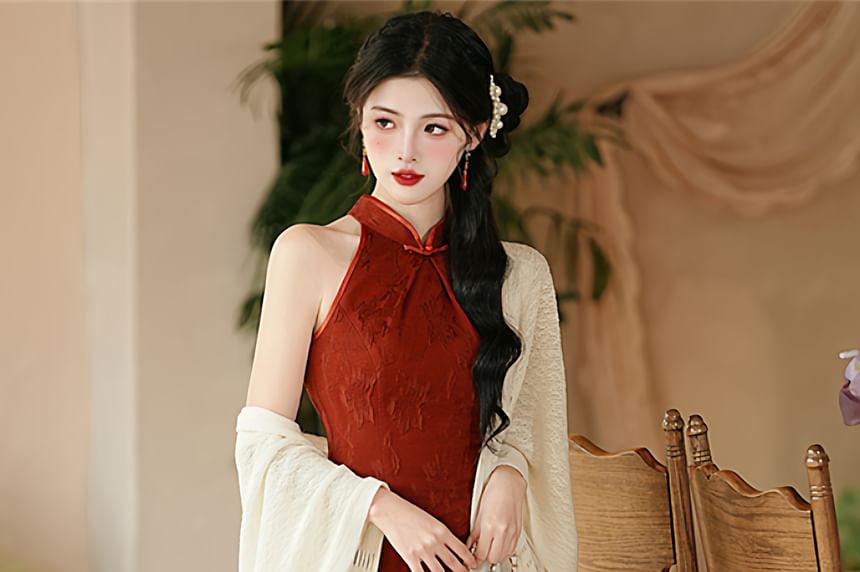 Sleeveless Floral Slit Midi Qipao / Fringe Shawl / Set