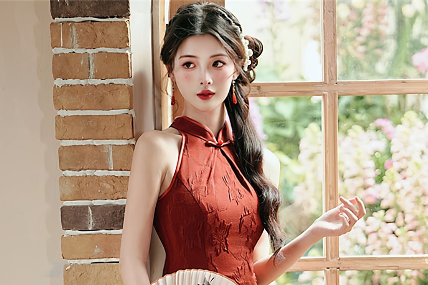 Sleeveless Floral Slit Midi Qipao / Fringe Shawl / Set