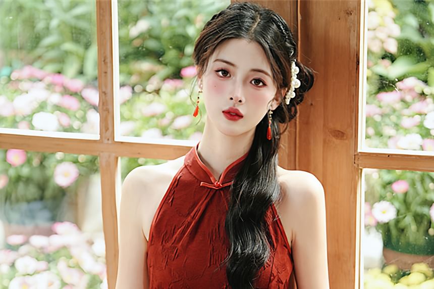 Sleeveless Floral Slit Midi Qipao / Fringe Shawl / Set