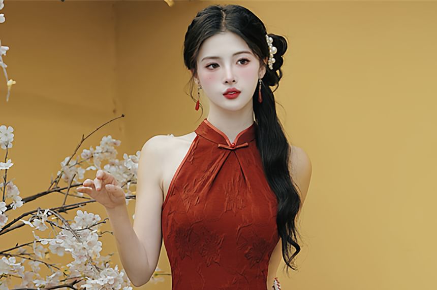 Sleeveless Floral Slit Midi Qipao / Fringe Shawl / Set