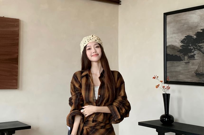 Plaid Oversized Shirt / High Rise Plain Asymmetrical Midi Skirt / Set