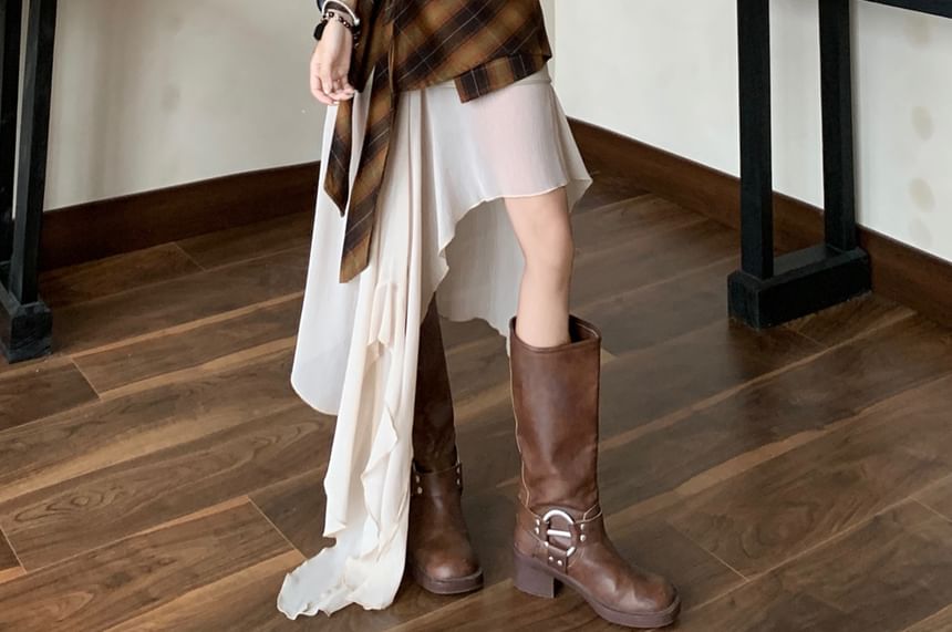 Plaid Oversized Shirt / High Rise Plain Asymmetrical Midi Skirt / Set