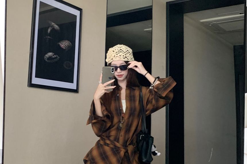 Plaid Oversized Shirt / High Rise Plain Asymmetrical Midi Skirt / Set