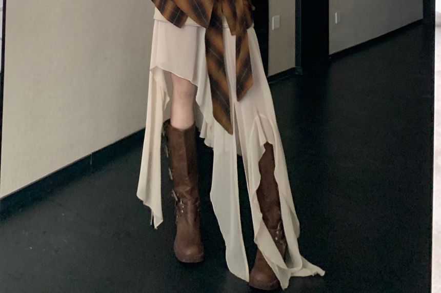 Plaid Oversized Shirt / High Rise Plain Asymmetrical Midi Skirt / Set