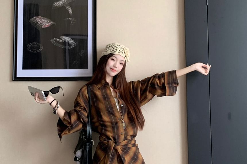 Plaid Oversized Shirt / High Rise Plain Asymmetrical Midi Skirt / Set