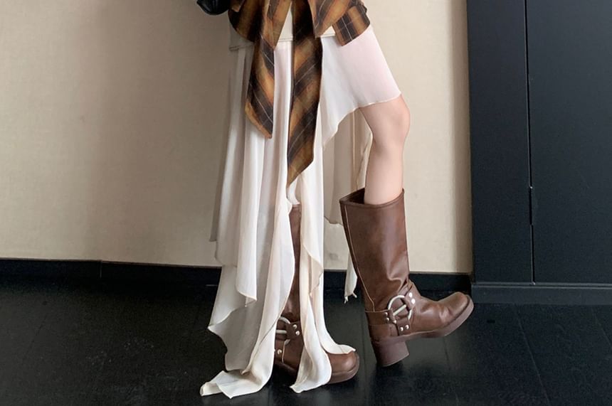 Plaid Oversized Shirt / High Rise Plain Asymmetrical Midi Skirt / Set