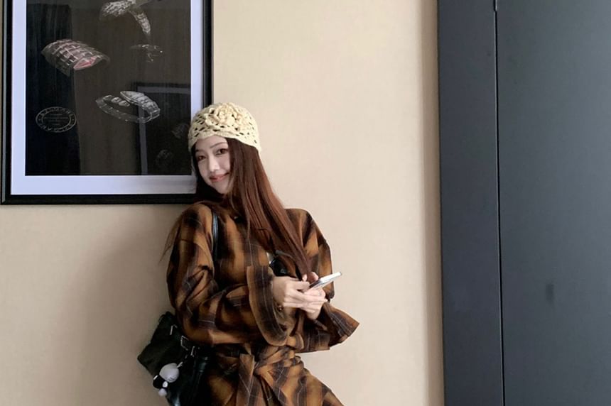 Plaid Oversized Shirt / High Rise Plain Asymmetrical Midi Skirt / Set