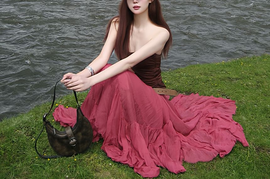 Strapless Plain Cutout Tube Top / Mid Rise Maxi A-Line Skirt / Set