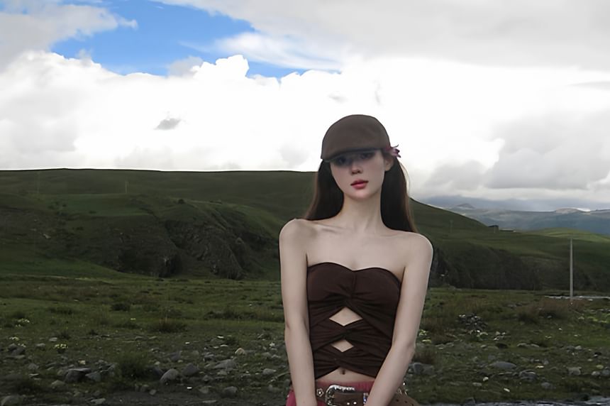 Strapless Plain Cutout Tube Top / Mid Rise Maxi A-Line Skirt / Set