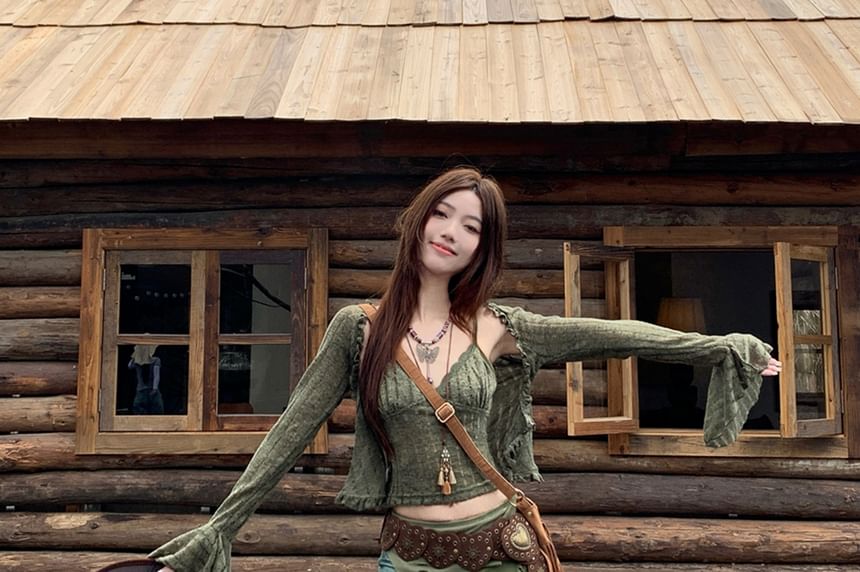 Round Neck Plain Camisole Top / Crop Cardigan / Mid Rise Maxi A-Line Skirt / Belt / Set