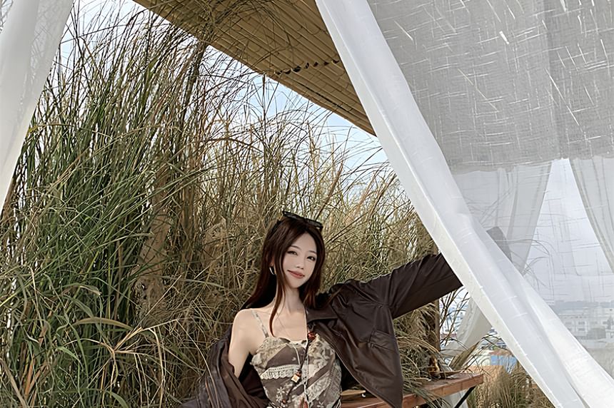 Collared Plain Faux Leather Jacket / Spaghetti Strap Print Mini A-Line Dress / Belt / Set