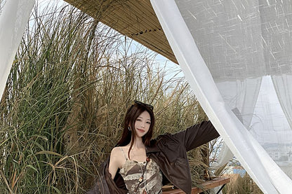 Collared Plain Faux Leather Jacket / Spaghetti Strap Print Mini A-Line Dress / Belt / Set