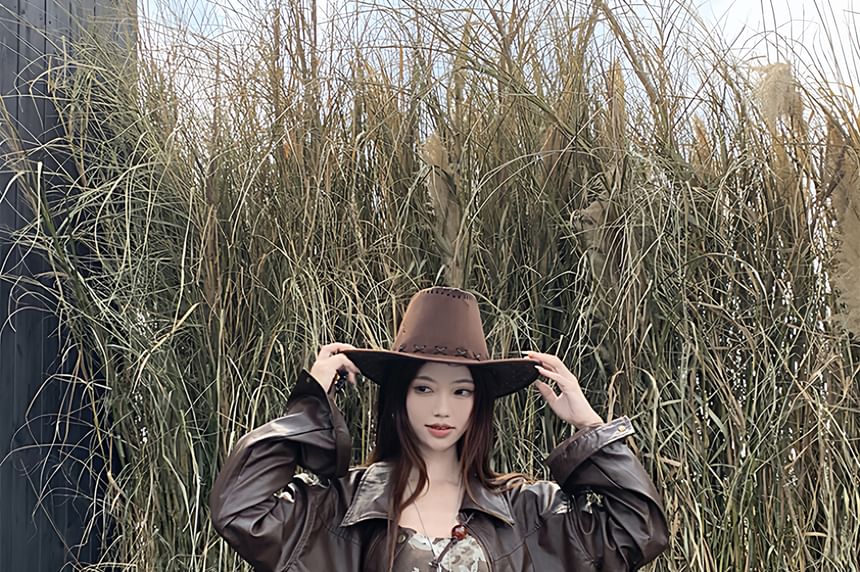 Collared Plain Faux Leather Jacket / Spaghetti Strap Print Mini A-Line Dress / Belt / Set